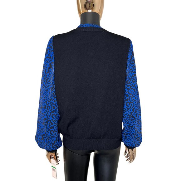 Nanette Lepore Black Sweater Blouse LG Cobalt Blue Leopard Balloon Sleeves NWT - Picture 3 of 10